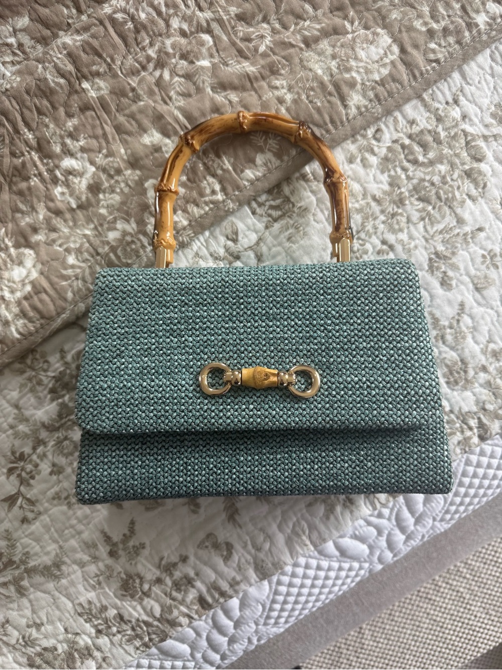 Woven Teal Bamboo-Handle Top-Handle Bag